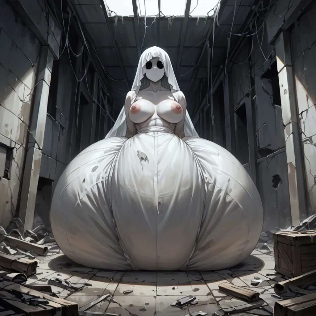 1 girl,solo,,,, big tits, massive ass, huge hips, giant thighs, ghost, pitch black eyes, no mouth, pure white skin, abandoned apartment, hyper diaper