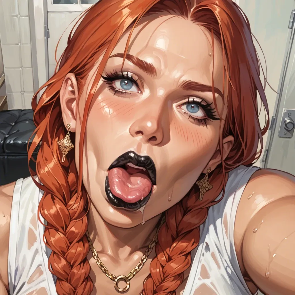 Anime. Bimbo. Redhead. Braided hair. Selfie. Black lipstick. Deepthroat blowjob.