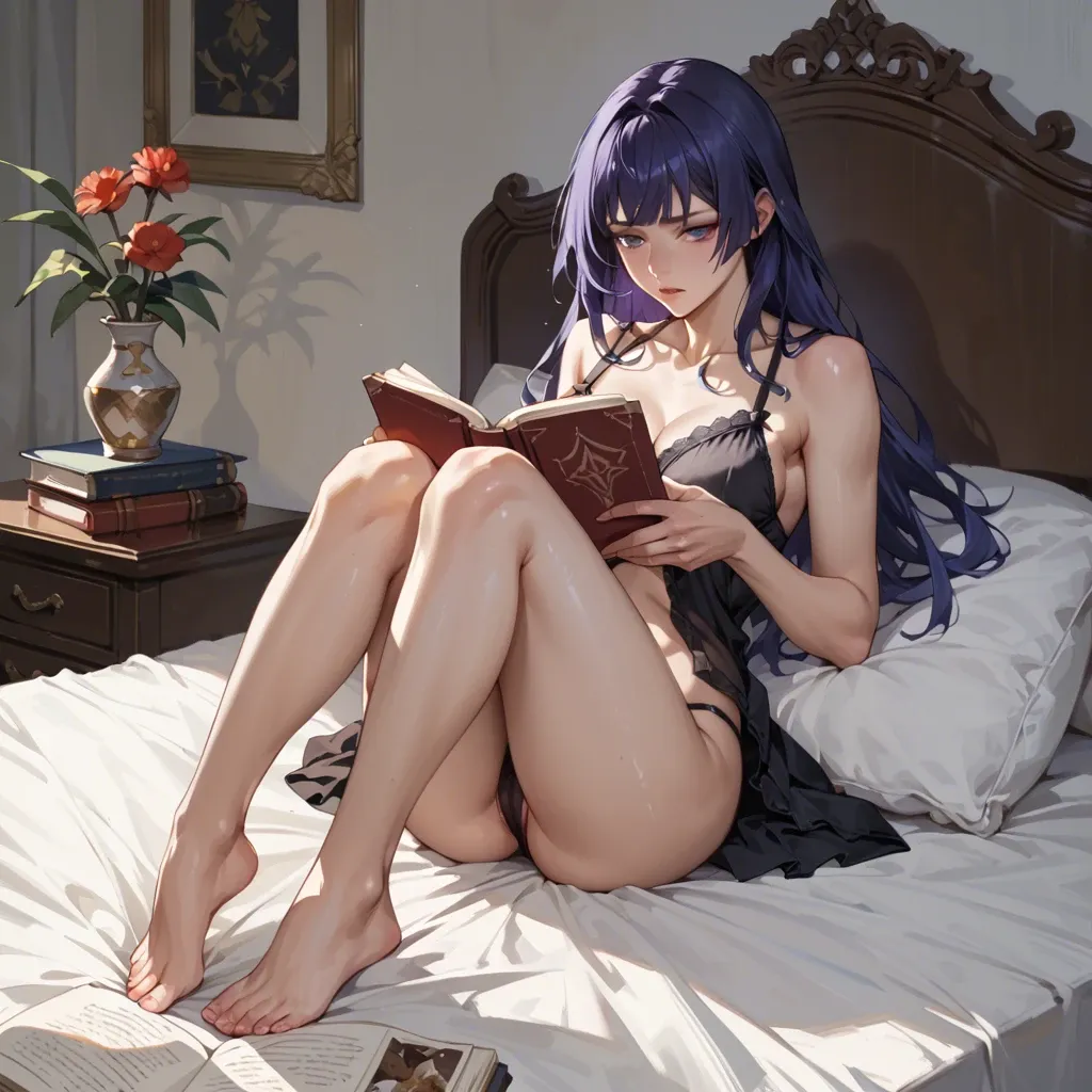 Raiden from Genshin Impact, black negligee, black thong, sitting on the bed, legs bent at the knees and pressed against his body, holding a book in his hands and reading