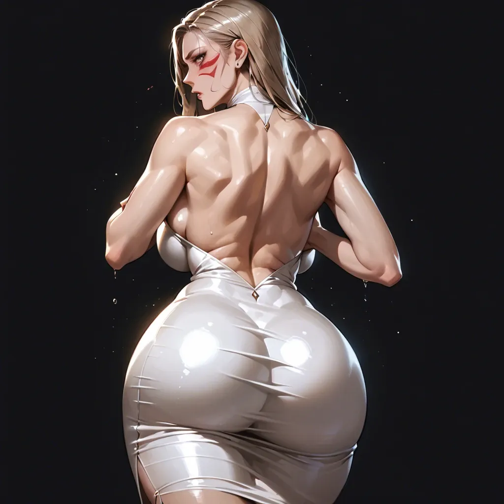 2b, show face, hands on chest, detailed face, focus from behind, massive ass, massive breast, wearing dress, backless dress, tight ass, focus ass, black background