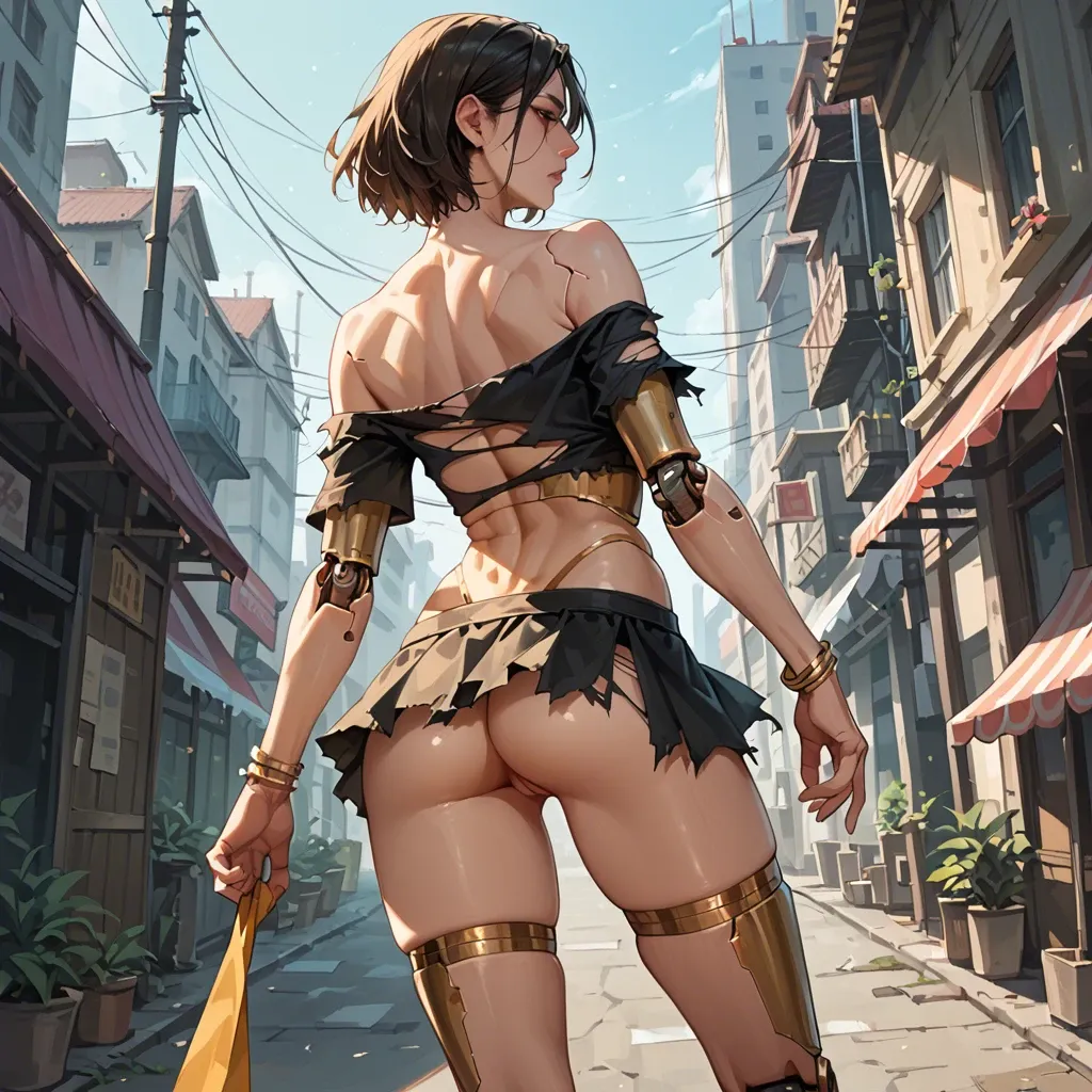 1girl,solo, , , , high cheekbones,highleg,pink nipples,background,off shoulder, arching back,gushing,medium boobs,back pov,robot joints, micro skirt,gold anklets,bracelets,torn bodysuit,no shoes, ocean, spaceship, dildo, source anime, backlit, wonder woman