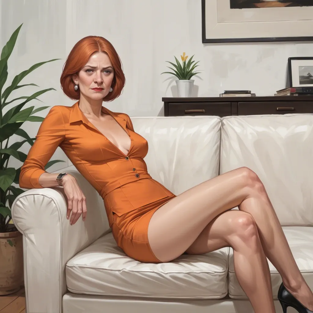 realistic realistic,full detailed,accurate anatomy,lois griffin,mature,milf,petite chest,skinny,slim,crossed legs,sitting on sofa,shy,blouse,skirt,flashing pussy