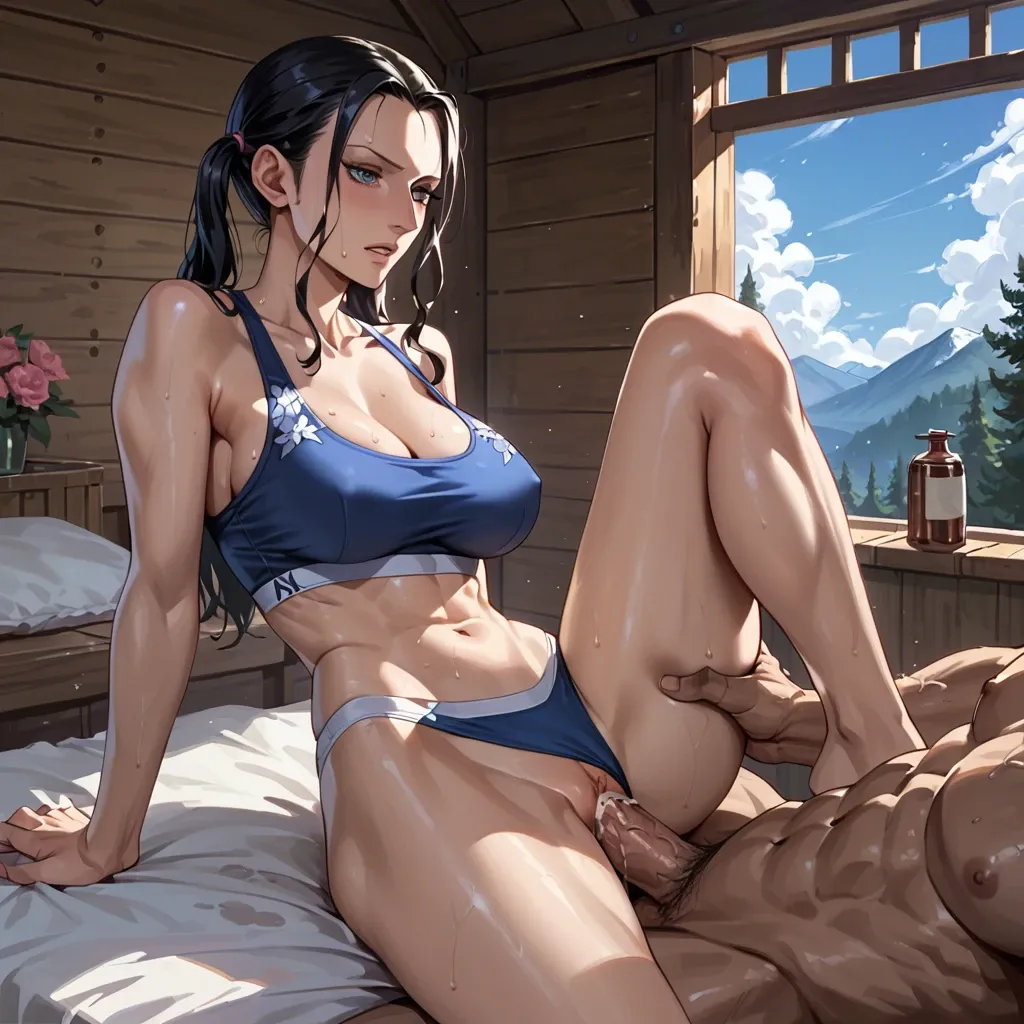 Nico Robin twintails sex with old man , on bed cabin in the mountains,sports bra, panties pink floral