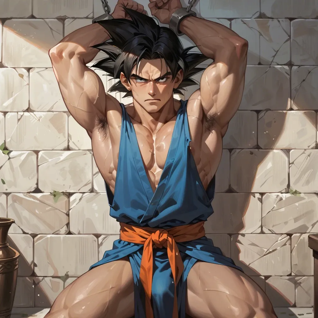 male goku behind bars and chained to the wall has an ancient greek tunic and sexy look