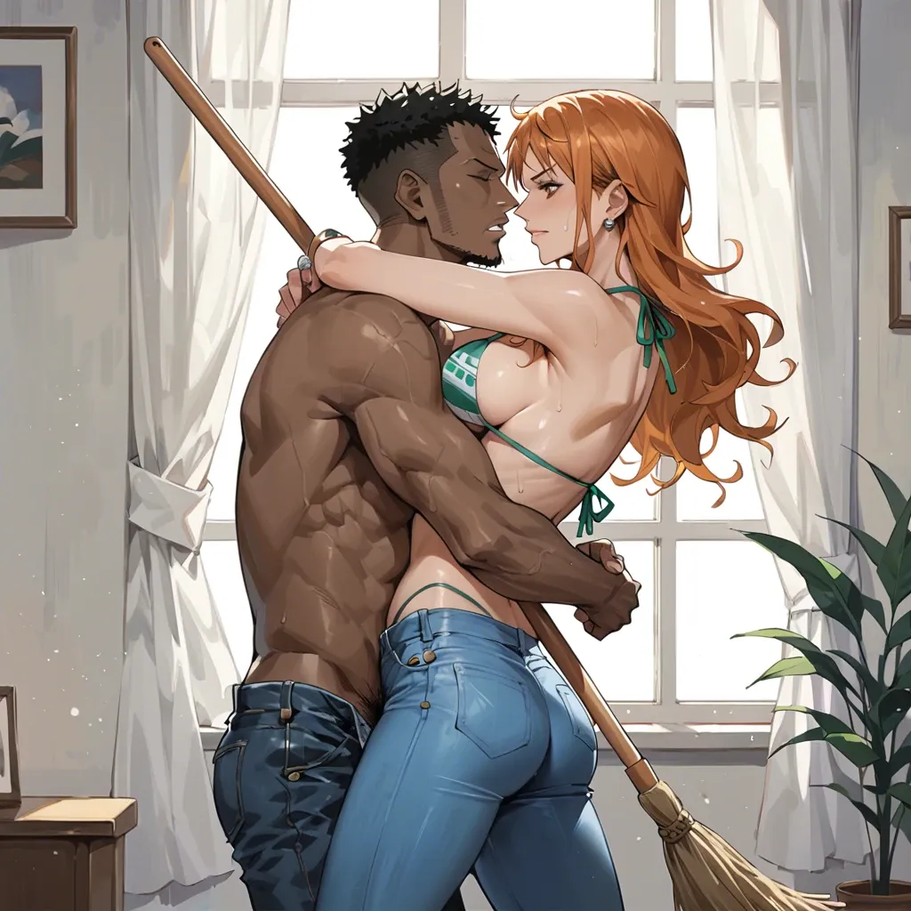 nami one piece, normal bikini, jeans pants, cleaning broom, dark skin man, hug behind