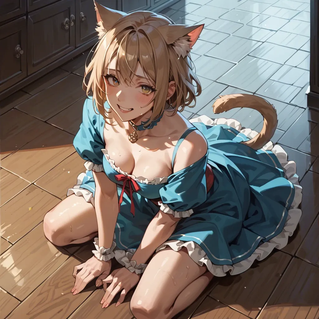 Cute, cat girl, kneeling on the floor, smiling,  fully dresses, big boobs