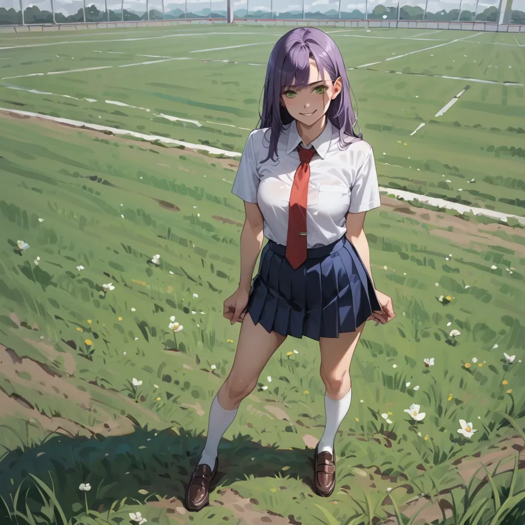 1 girl, 30 years, on field, brown shoes, White socks, blue school skirt, White shirt, purple hair, green eyes, standing, red  tie, smiling