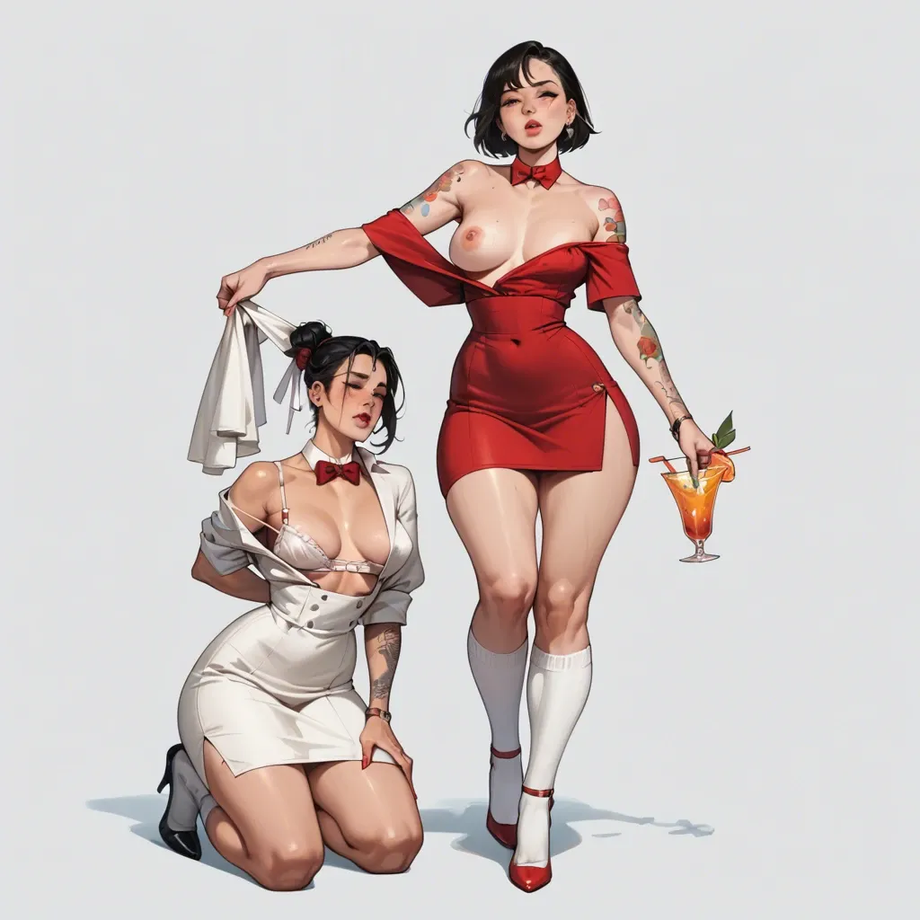 2girl, , , , rosy cheeks,hands,one nipple out,big hips,joints, high nose,arm tattoos,round tits,microwaist,off-shoulder, cocktail dress,white socks,red bowtie,loose bra,heels, alley, spaceship, huge dildo, ariel waifu, waifu