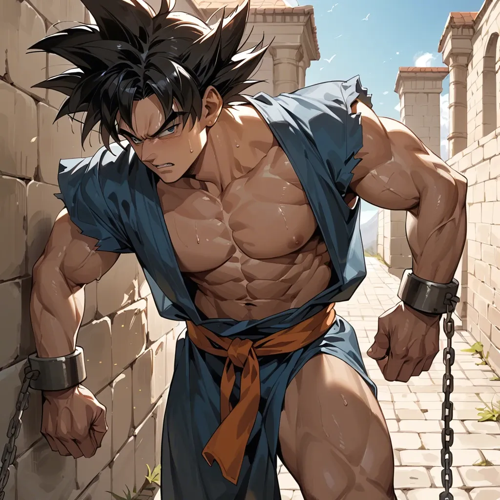 male goku behind bars and chained to the wall has an ancient greek tunic and sexy look