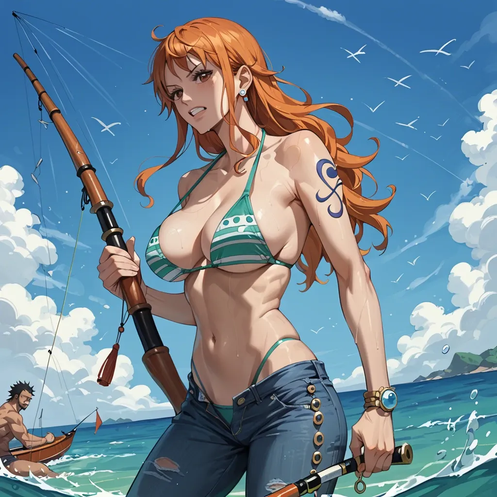 nami one piece, normal bikini, jeans pants, fishing rod, fishing