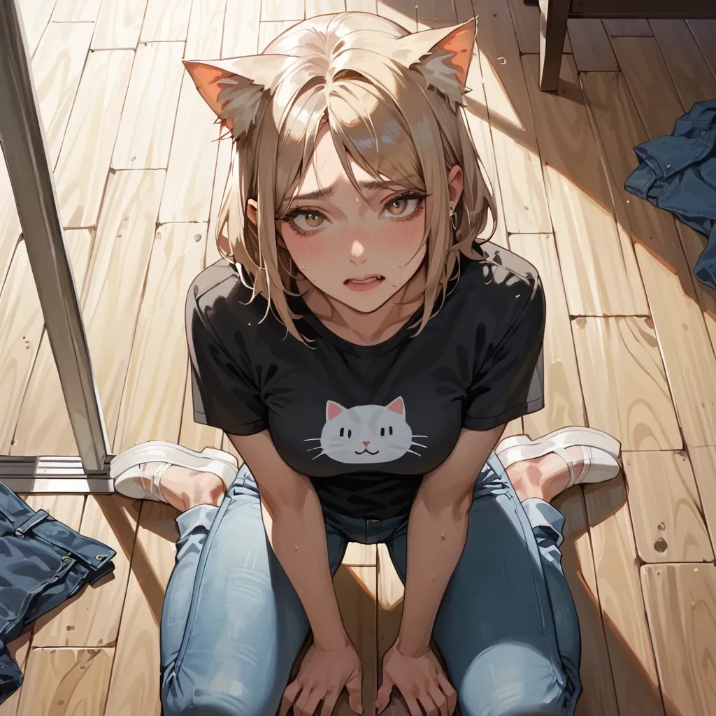 Cute, cat girl, kneeling on the floor, smiles joyfully,  fully dresses, jeans, T-shirt, huge boobs, top view