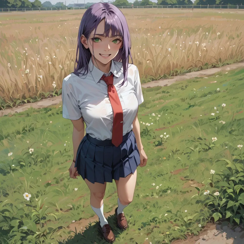 1 girl, 18 years, on field, brown shoes, White socks, blue school skirt, White shirt, purple hair, green eyes, standing, smiling, red  tie,