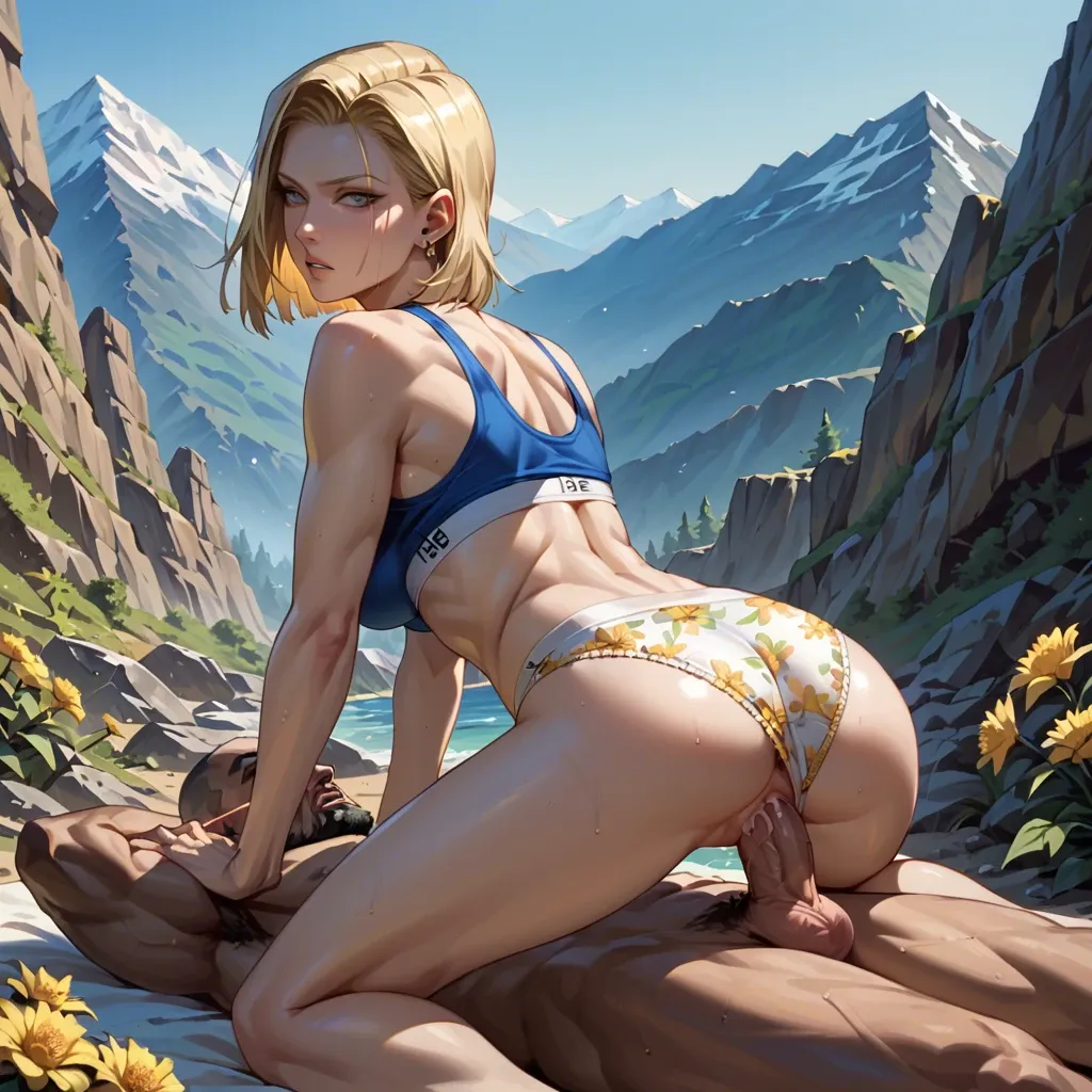 Android 18 sex with oldman at the mountains, sports bra yellow floral panties yellow floral