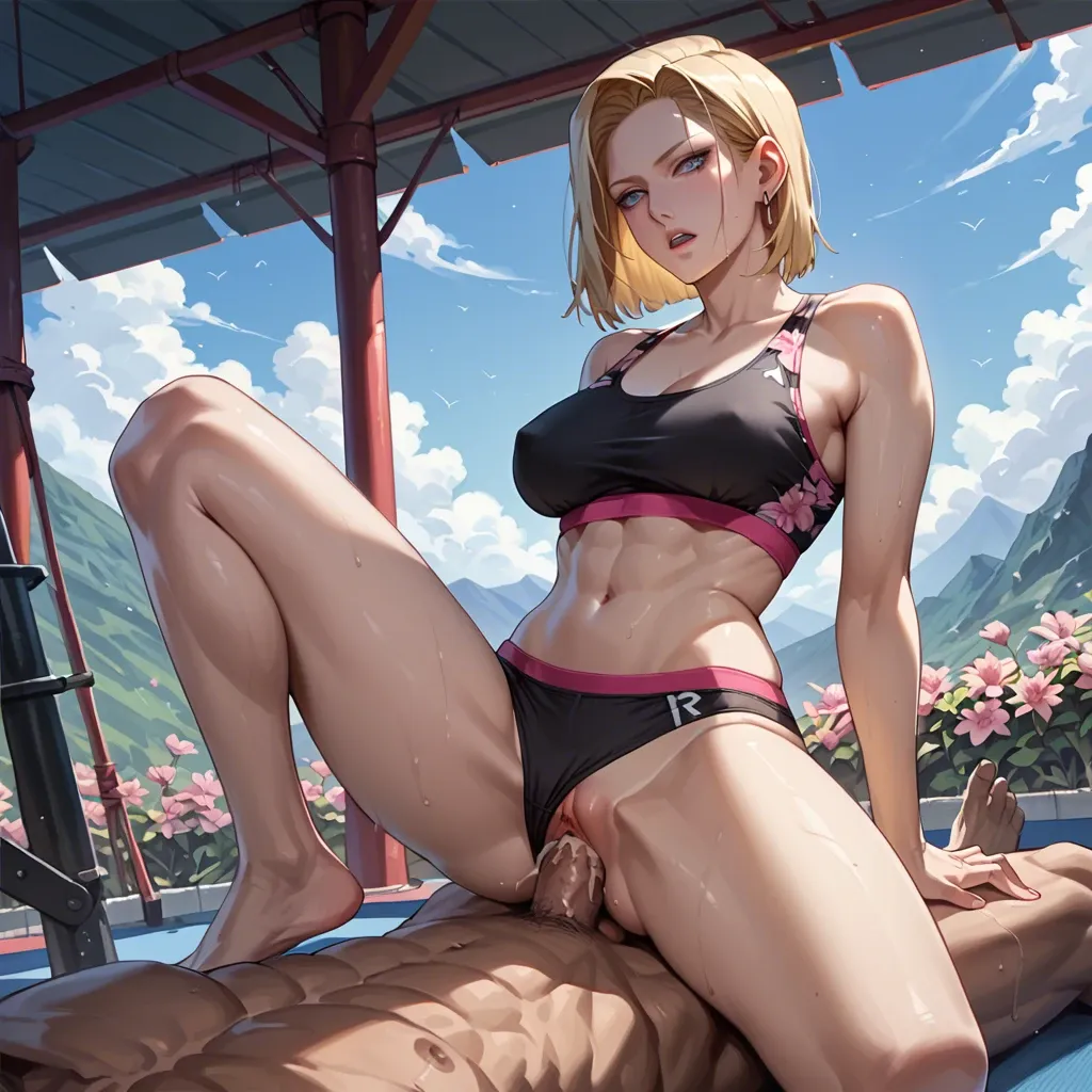 Android 18 sex with oldman at the mountains, sports bra pink floral, panties pink floral