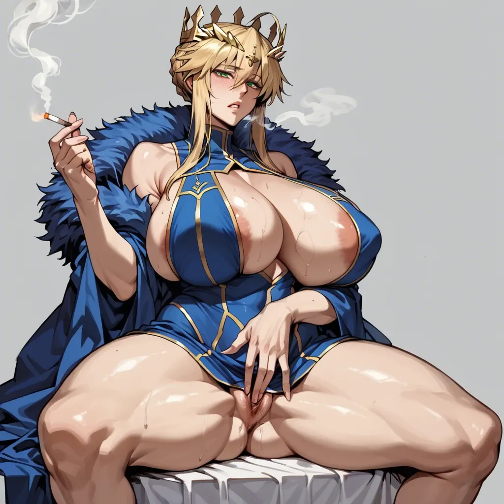 Artoria Lancer, anime style, big massive gigantic tits, sitting, spread legs fingering herself, smoking a cigarette