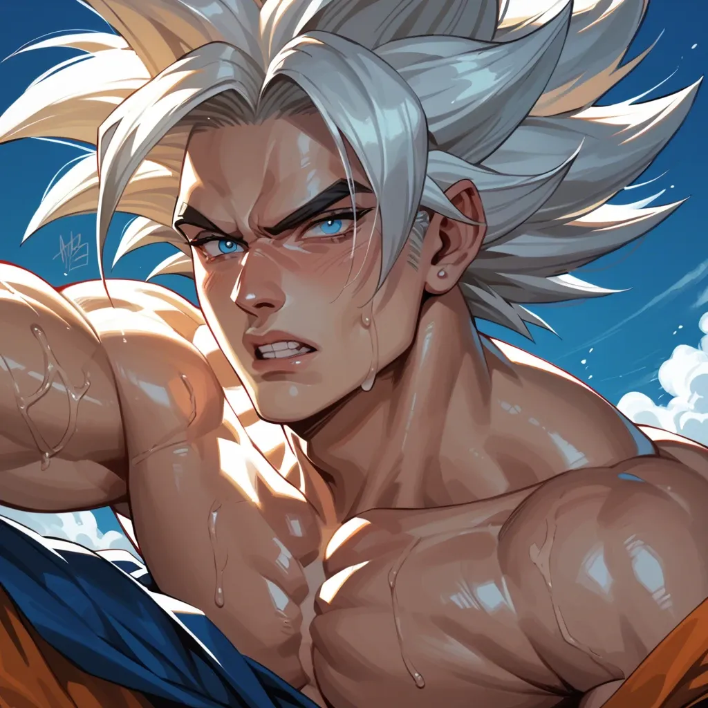 male goku crawling out of the sea has long blond hair reaching the ground blue eyes and a seductive look