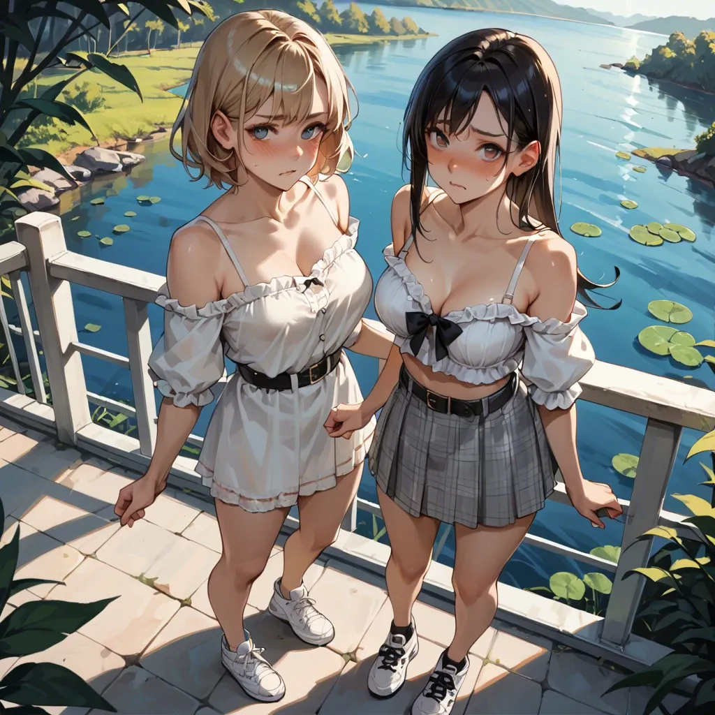 2girl, , , , cheek press,tippy toes,big tits,adorable woman,off shoulders, nose blush,paw feet,perky breasts,backlit,standing, plaid skirt,striped,black belt,white lingerie,white sneakers, lake, cyberpunk, leather bondage, anime coloring, sunlight, elsa, ariel waifu