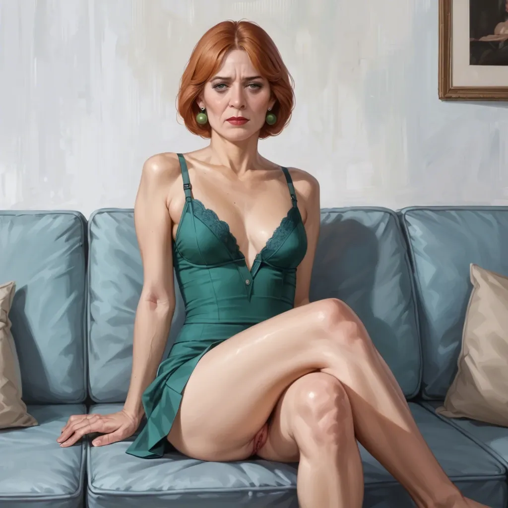 realistic realistic,full detailed,accurate anatomy,lois griffin,mature,milf,petite chest,skinny,slim,crossed legs,sitting on sofa,shy,blouse,skirt,flashing pussy