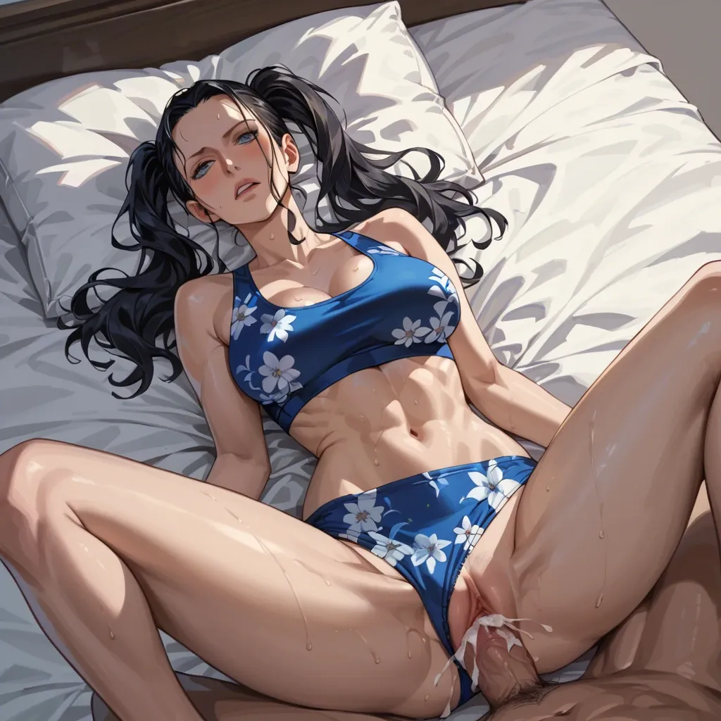 Nico Robin twintails, missionary on bed, sports bra  blue floral, panties blue floral