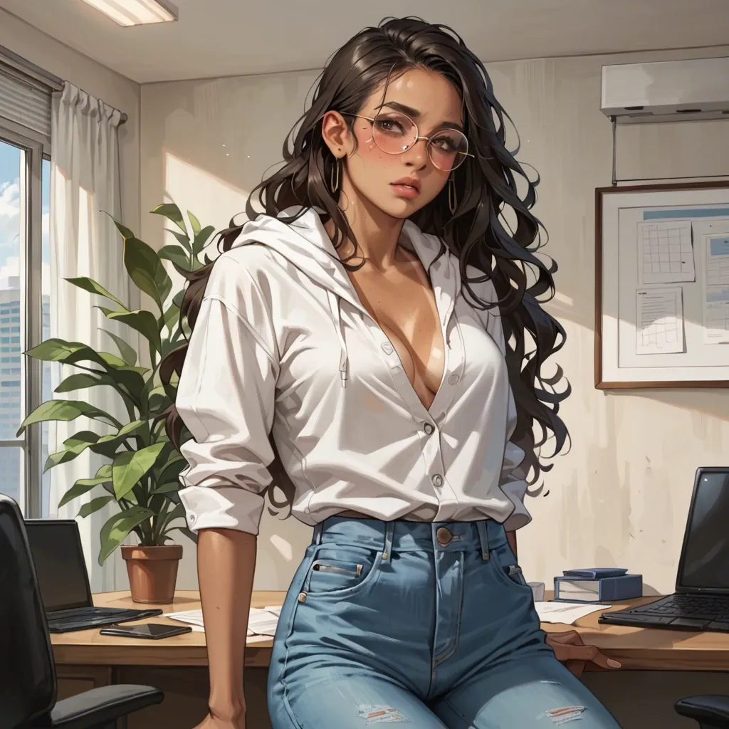 Comics,detailed,slim super cute very young latina tan lines freckles long wavy Hair round glasses,office, unbuttoned jeans (low cut),white hoodie,blush,puckered_lips