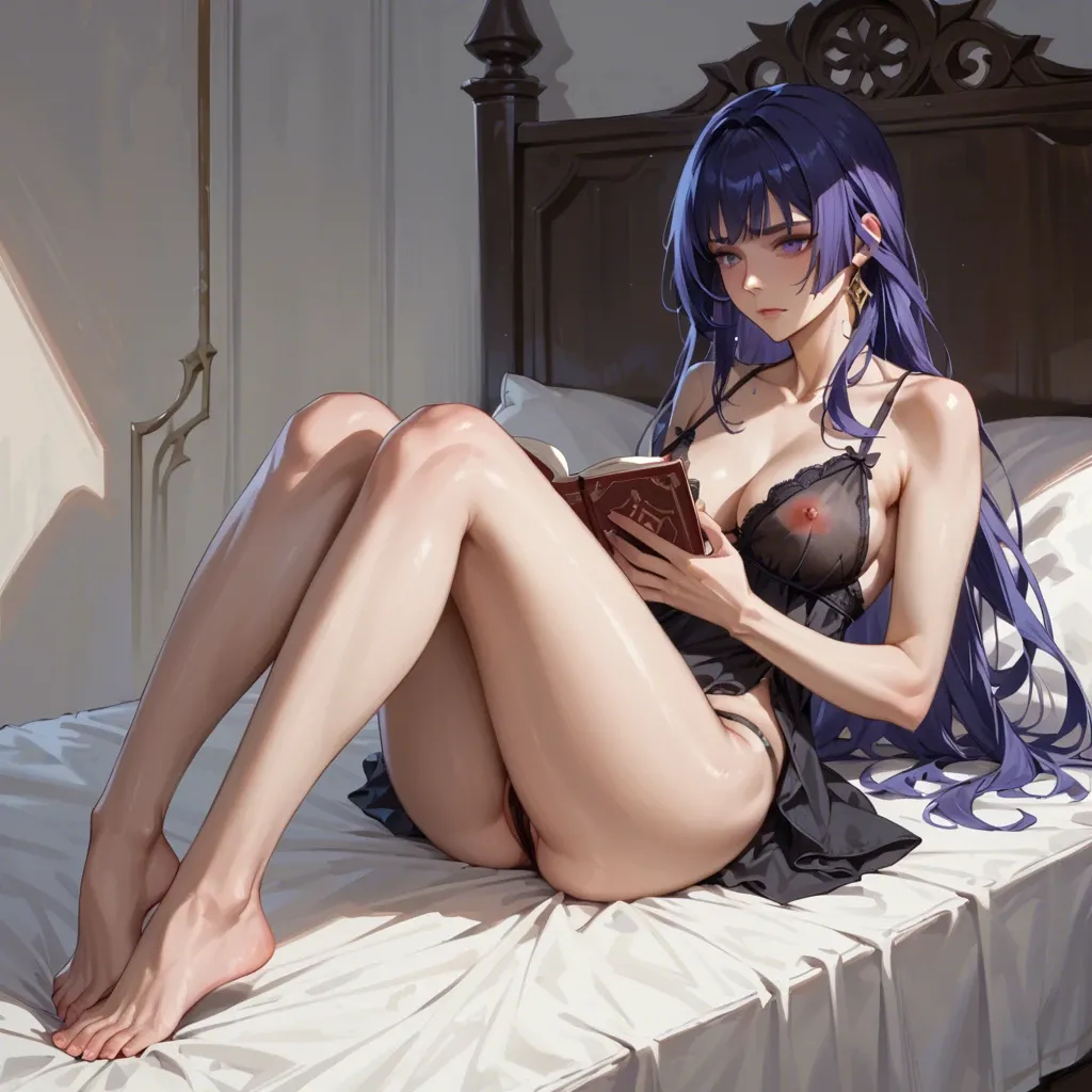 Raiden from Genshin Impact, black negligee, black thong, sitting on the bed, legs bent at the knees and pressed against the body, holding a book in his hands and reading, front view between her legs