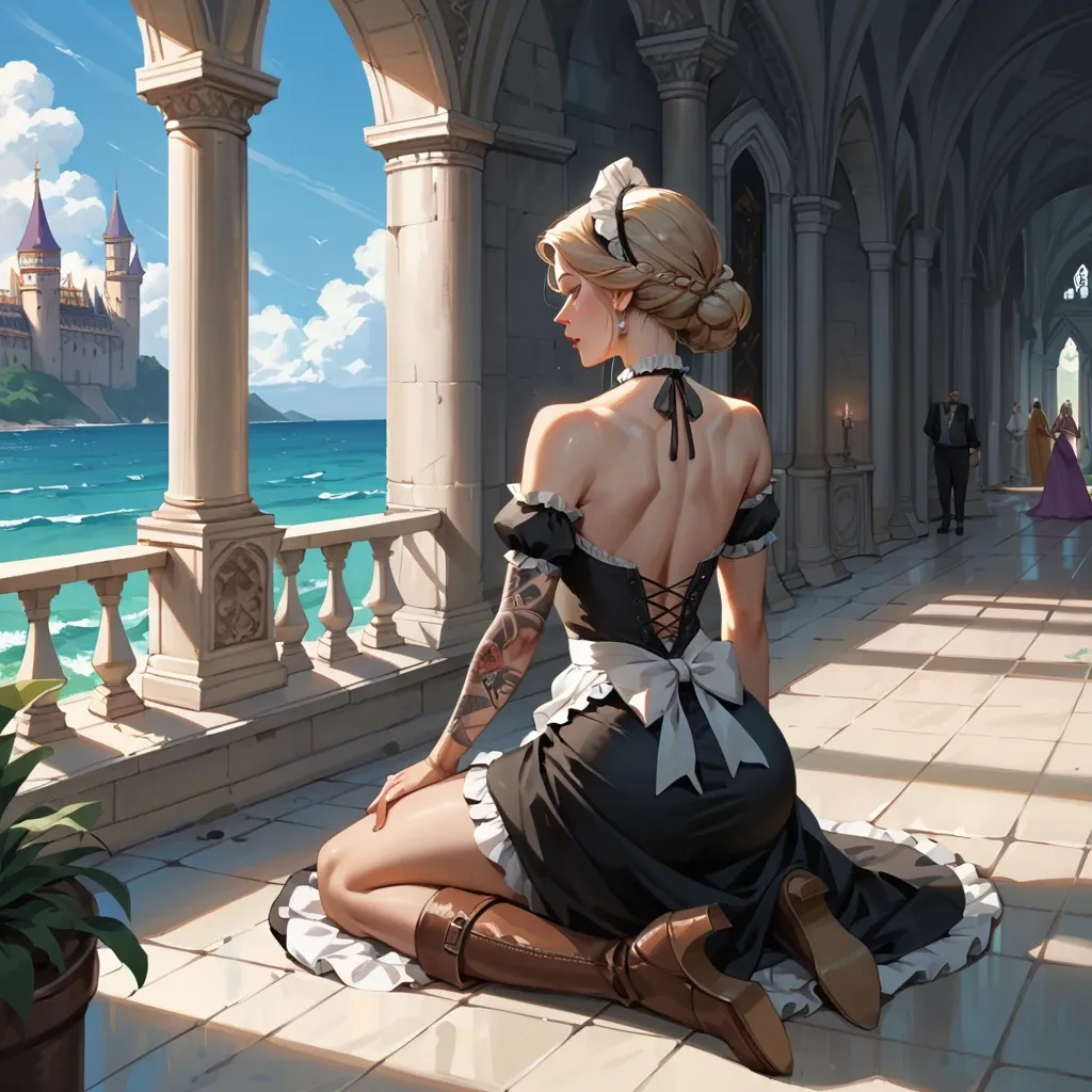 2girl, , , , arching,arm tattoos,medium tits,back view,bare shoulders, dress,palace bedroom,maid hat,panties aside,knee boots, ocean, castle, unleashed, jasmine, rapunzel waifu