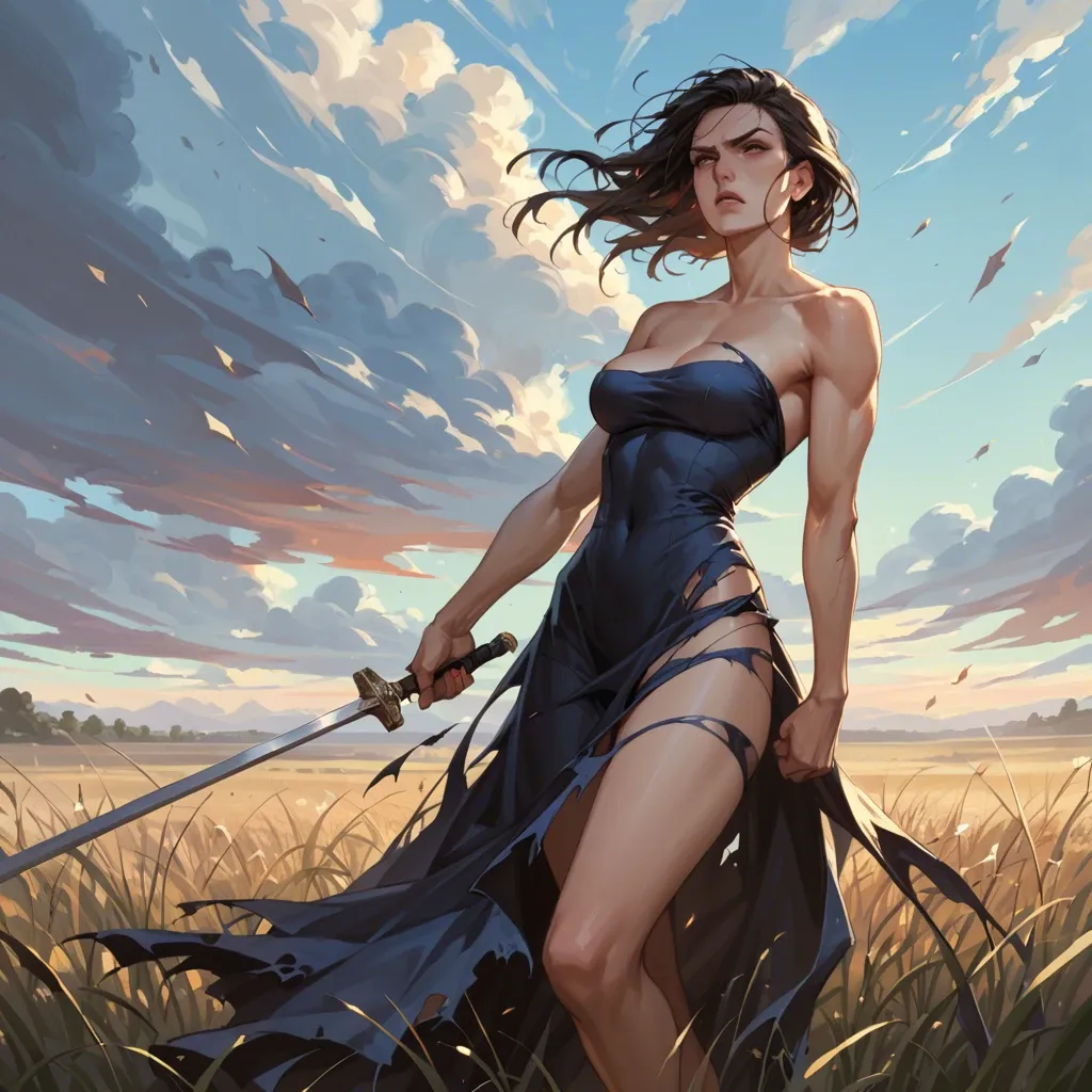 A strong-willed woman stands in a vast,sunlit field at dusk,fists clenched,determined expression, wearing a torn elegant dress, dramatic sky with golden hues, Tara plantation in the background, resilience, hope.