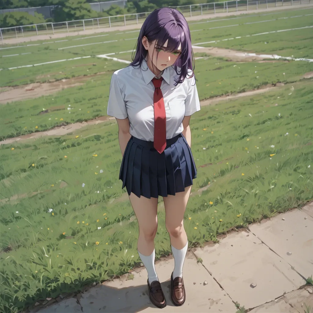 1 girl, 18 years, on field, brown shoes, White socks, blue school skirt, White shirt, purple hair, green eyes, standing, red  tie,