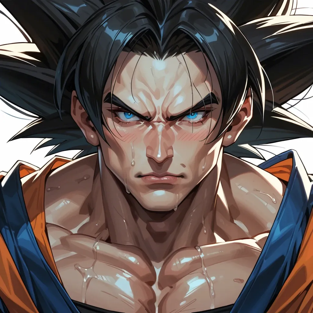 male goku crawling out of the sea has long blond hair reaching the ground blue eyes and a seductive look