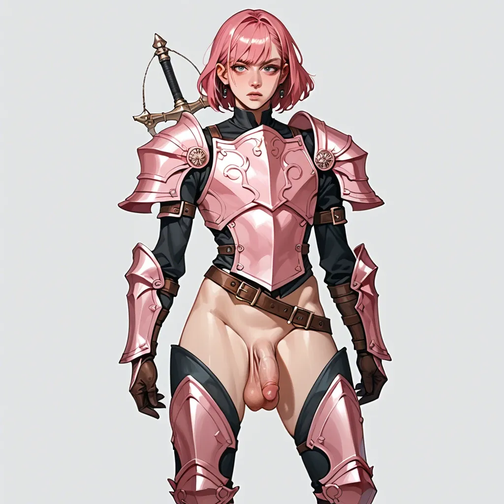 Femboy, armor, pink hair, medium penis saggy balls, anime style