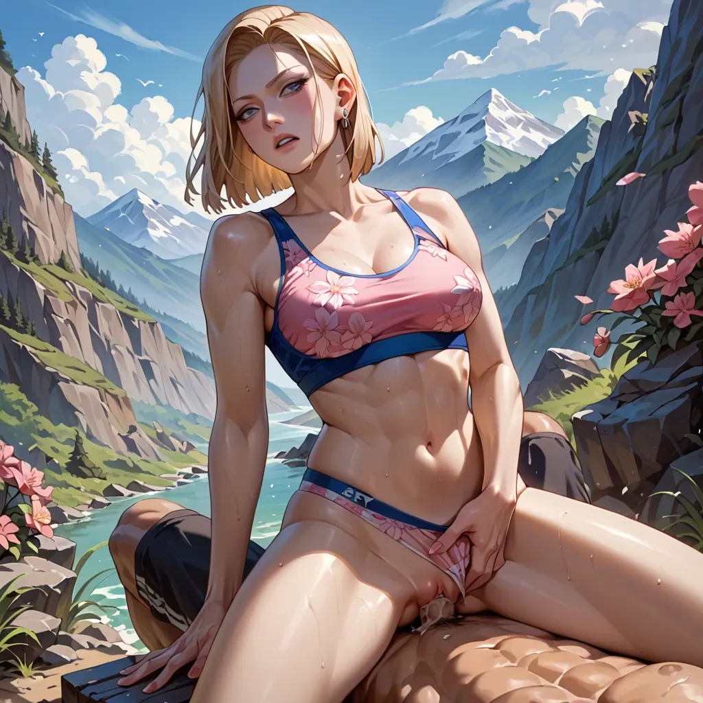 Android 18 sex with oldman at the mountains, sports bra pink floral, panties pink floral