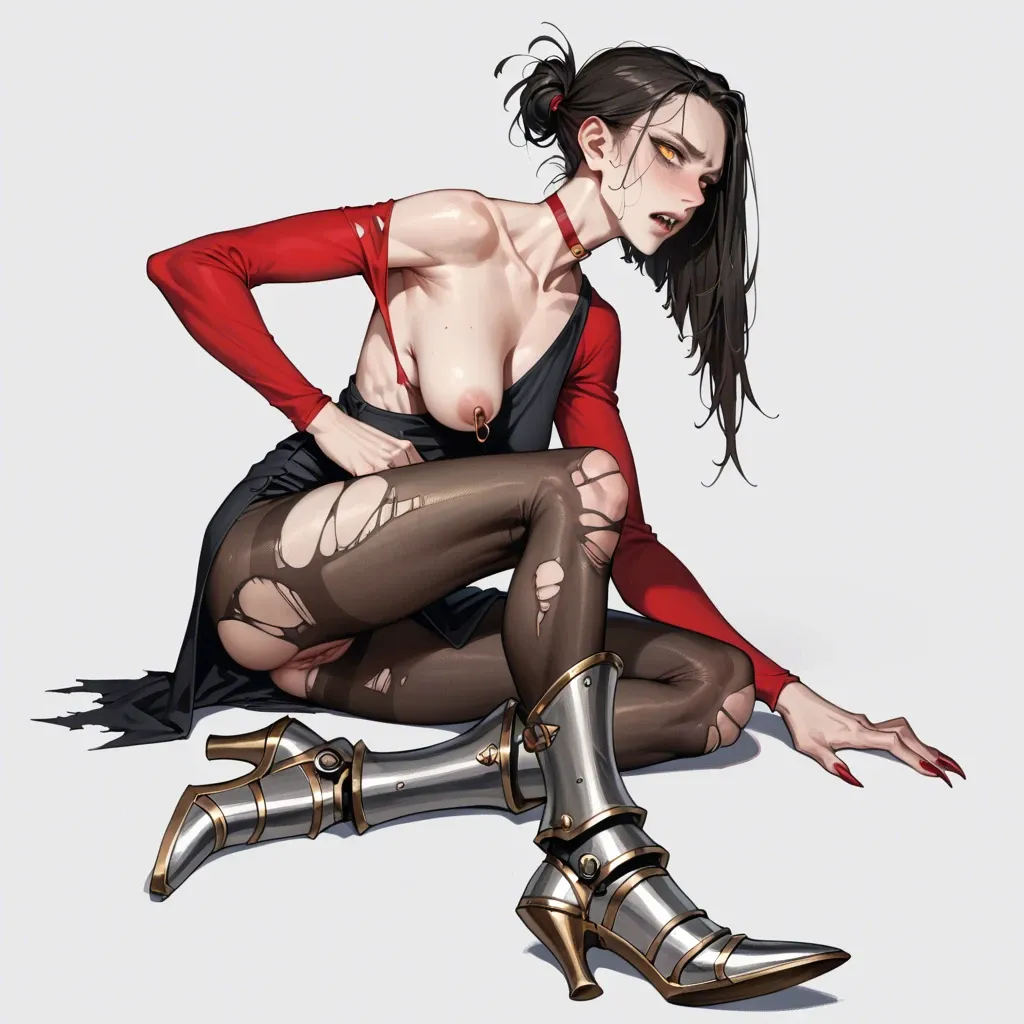 1girl,solo, , , , sharp jawline,armored boots,nipple ring,side breast,thin ankle, yellow eyes,thin ankle,saggy boobs,saggy boobs,elbows, office dress,torn pantyhose,red choker,pull wet bra,stiletto heels, nobara, brazil jungle, uncomfortable, source cartoon, bright sunlight, mario and luigi, rapunzel waifu