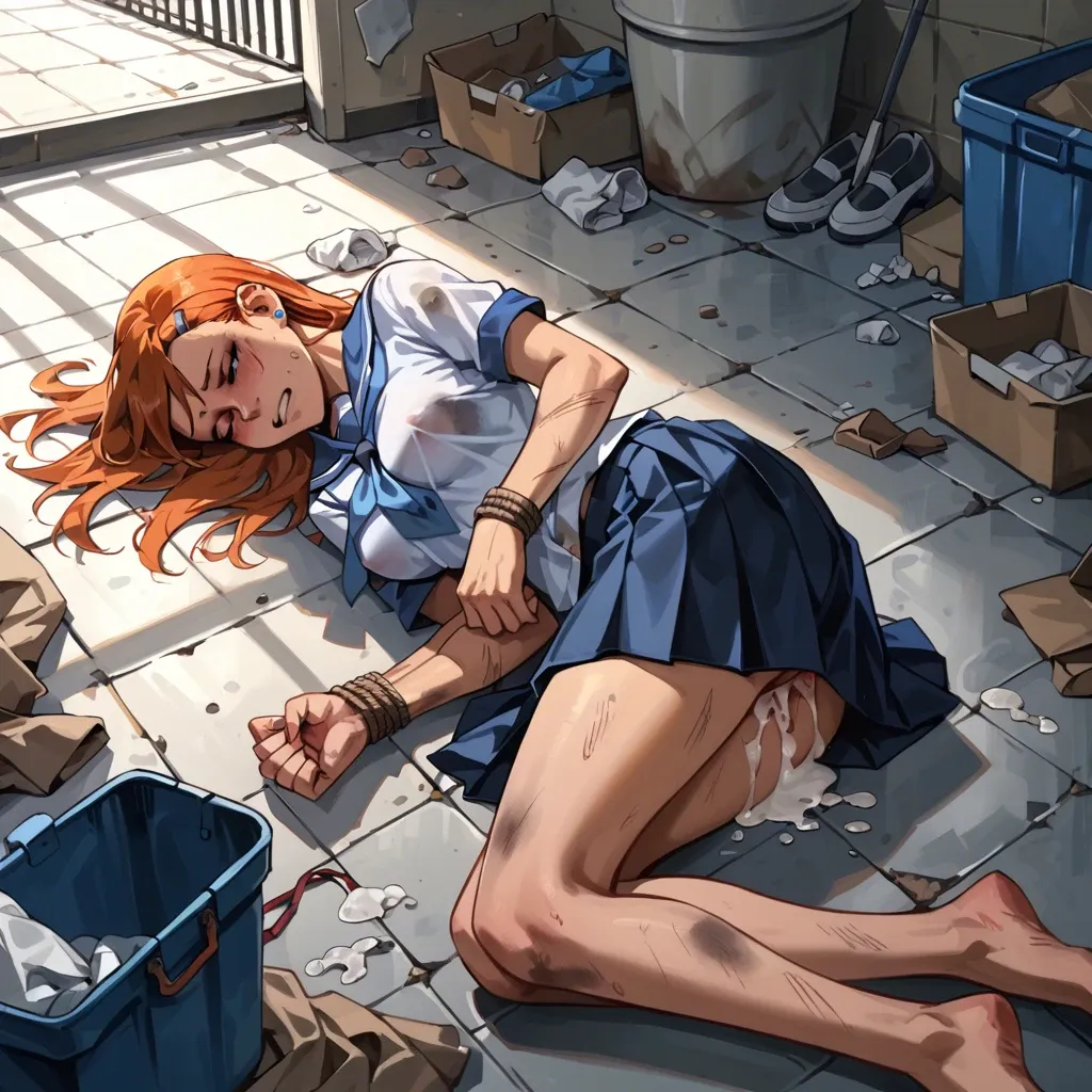 2 girls , gwen ben 10 and nagatoro, after fucked, creampie, tied up arms back, on the floor, unconscious, school uniform, dirty, trash, bareback, night