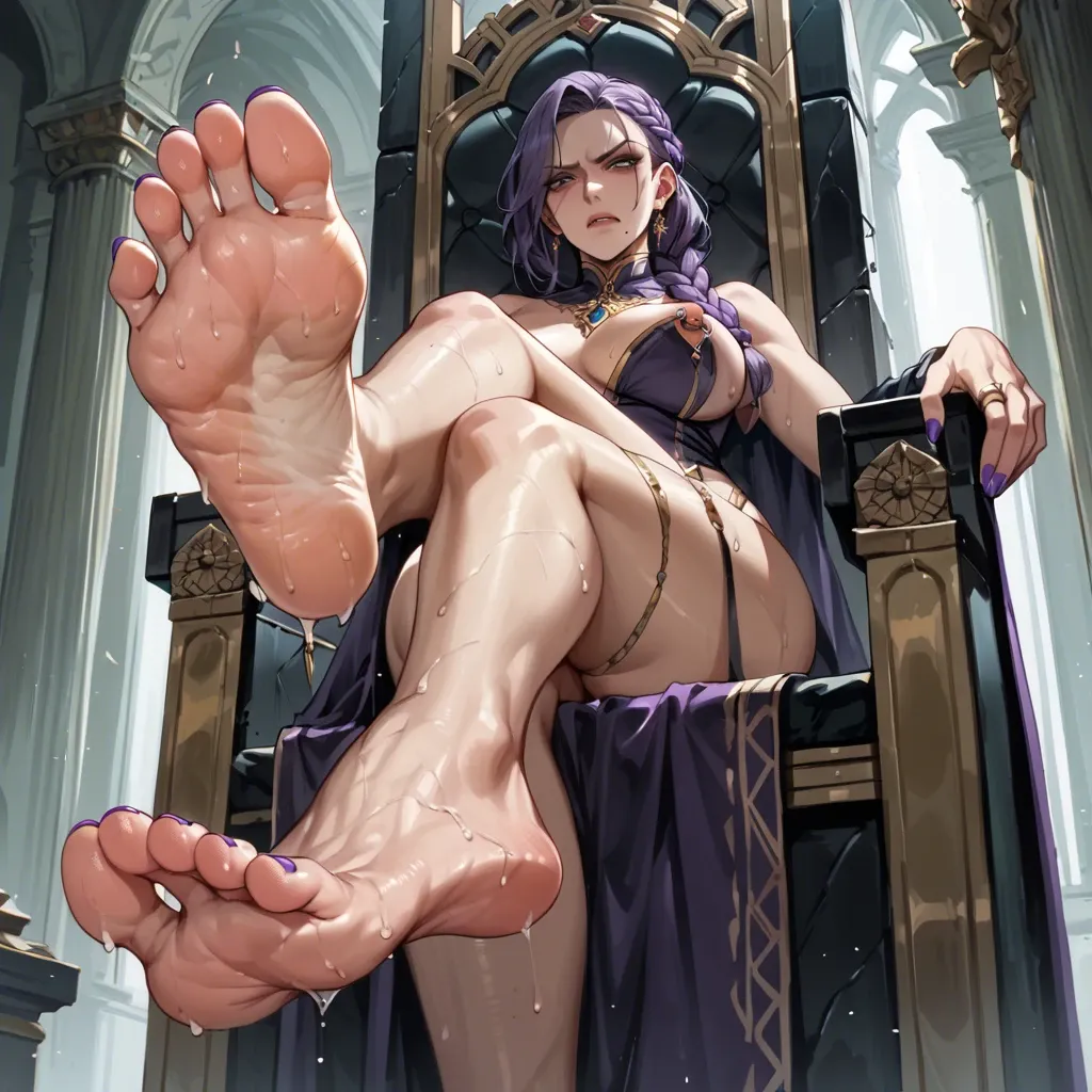 Disgusted purple braid milf beauty mark detailed armpits detailed soles foot focus pubic hair nipple piercing sweaty feet colored toenails legs crossed throne