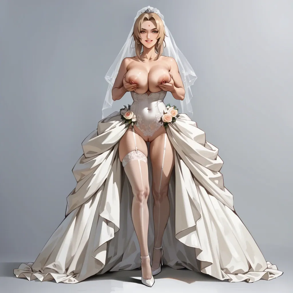 Tsunade, sexy wedding dress, full body, high heels, wedding hall, smile, big breast, sexy body, big eyes, black husband grab breast from behind, flashing tits