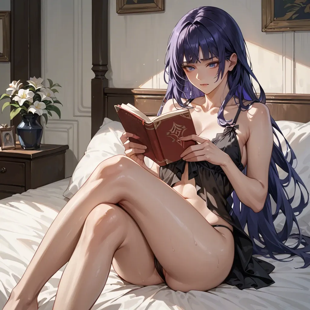 Raiden from Genshin Impact, black negligee, black thong, sitting on the bed, legs bent at the knees and pressed against the body, holding a book in his hands and reading, front view