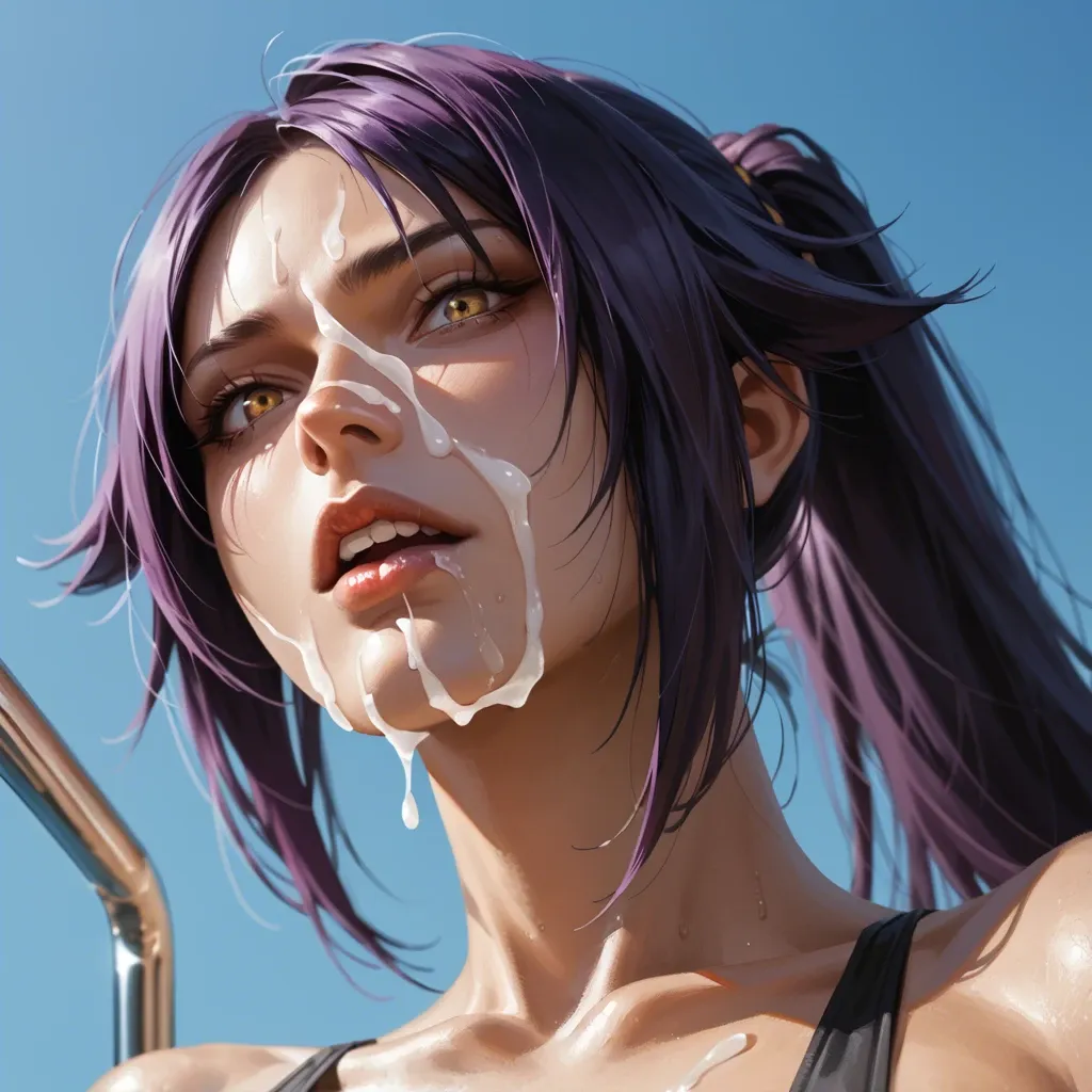 Yoruichi Shihouin is a tall , hentai, cum on face, swimmingpool, creampie,view from below, sporting long, dark purple hair that gently cascades over her shoulders, golden eyes