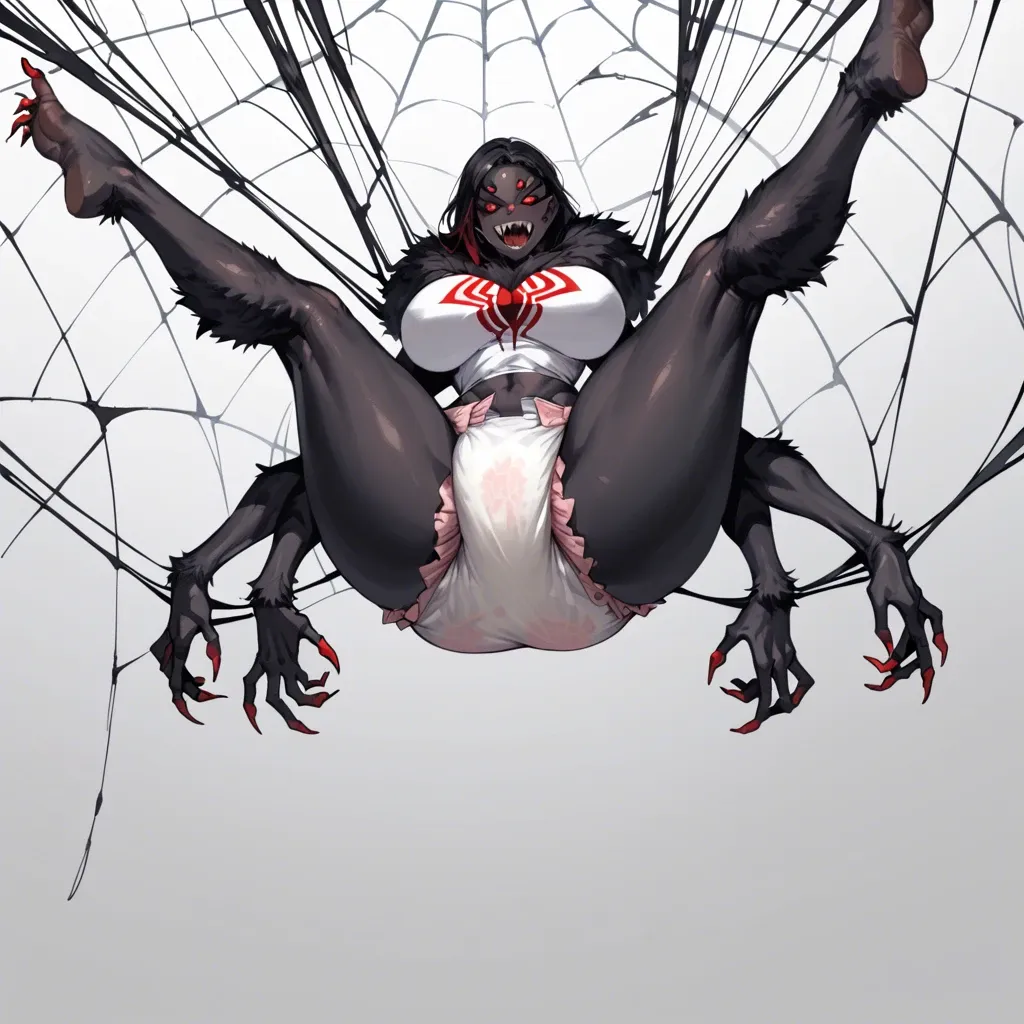 1 girl,solo,,,, huge tits, massive ass, wide hips, hyper thighs, diaper, spider monster, black skin, black fur, fluffy fur, multiple eyes, red eyes, multiple arms, spider fangs, giant spider web, suspended in air, dark cave