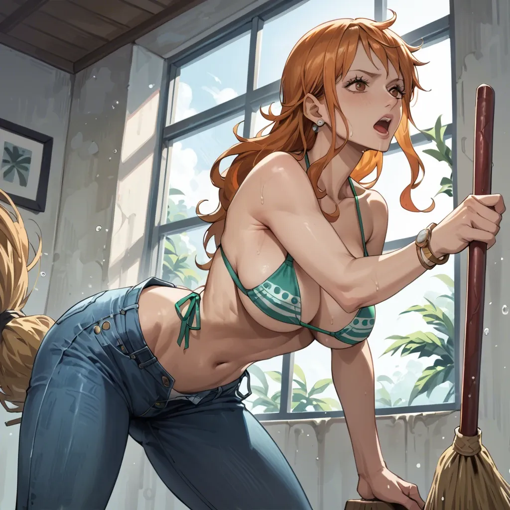 nami one piece, normal bikini, jeans pants, cleaning broom