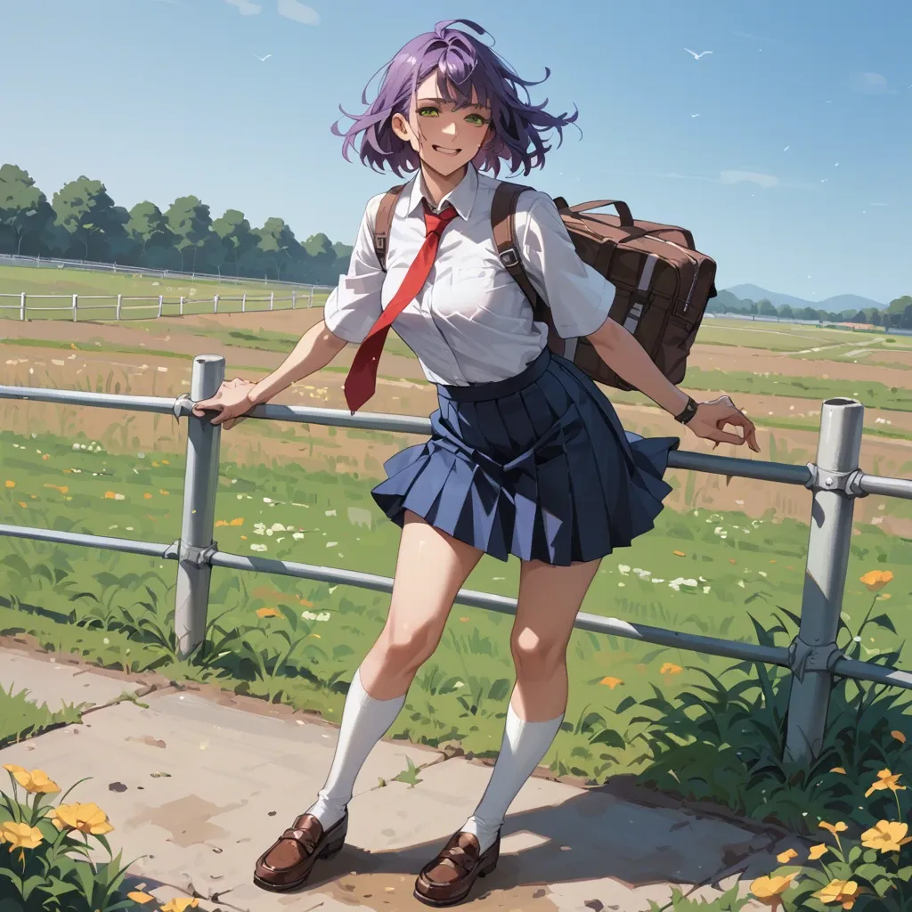 1 girl, 18 years, on field, brown shoes, White socks, blue school skirt, White shirt, purple hair, green eyes, standing, smiling, red  tie, pompons