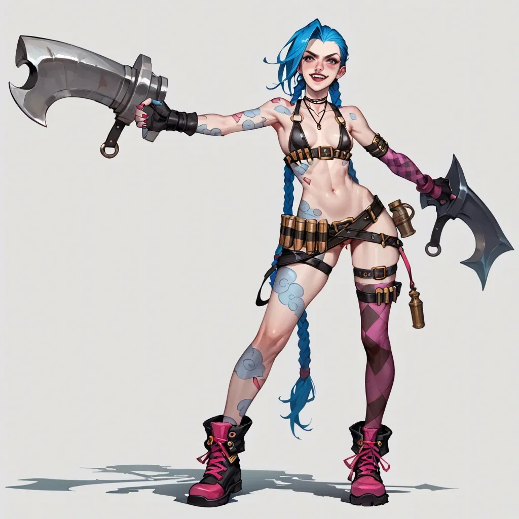 Jinx,league of legends,petite body,long blue hair,braids,outfit,full body,looking at viewer,toxic city,standing