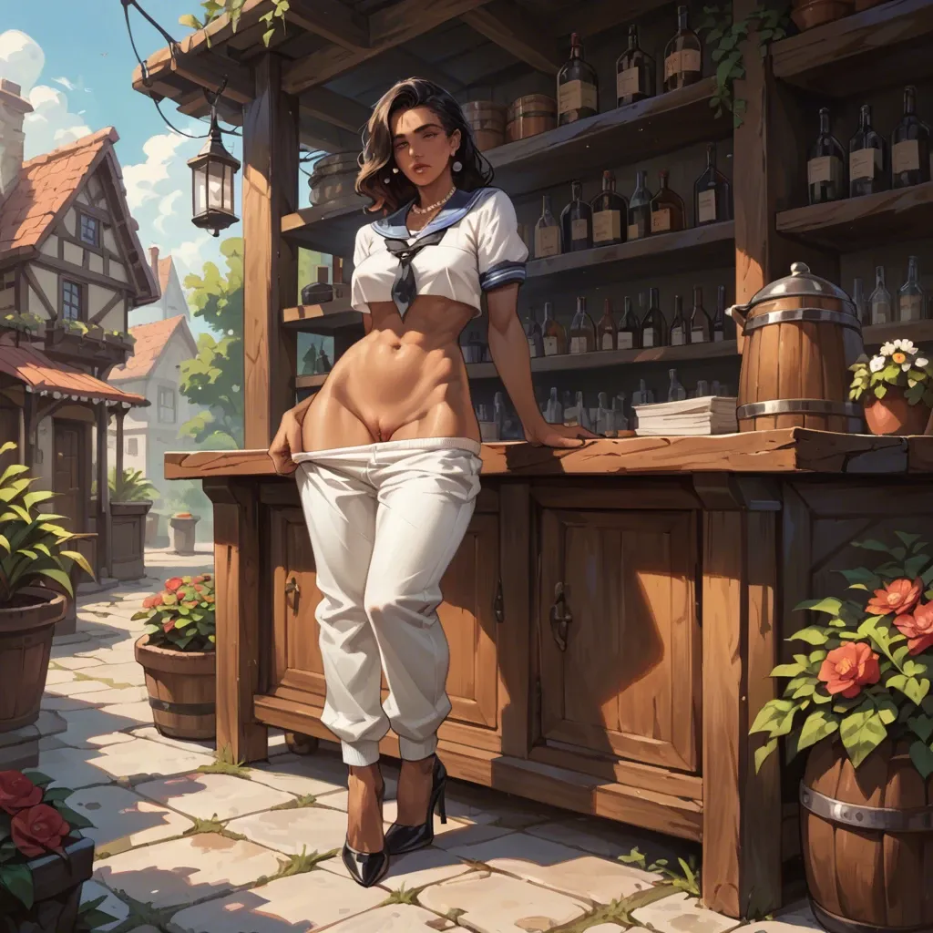 1girl,solo, , , , touching pussy,shining,big boobs,narrow hips,dark skinned, sweatpants,pearl necklace,sailor collar,bikini pull,heels, in office, outdoor garden, tavern setting, respectable, cyborg, semi realistic, bright colors, mario, anna frozen