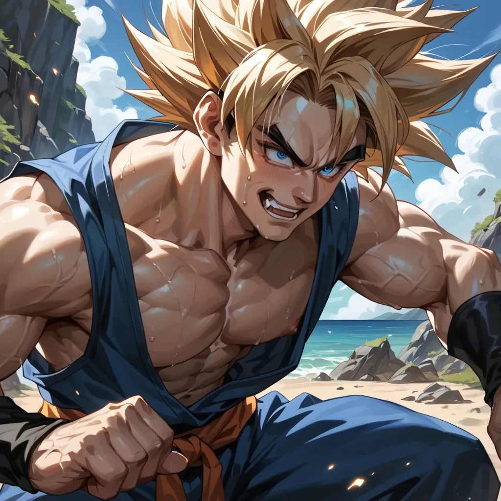 male goku crawling out of the sea has long blond hair reaching the ground blue eyes and a seductive look