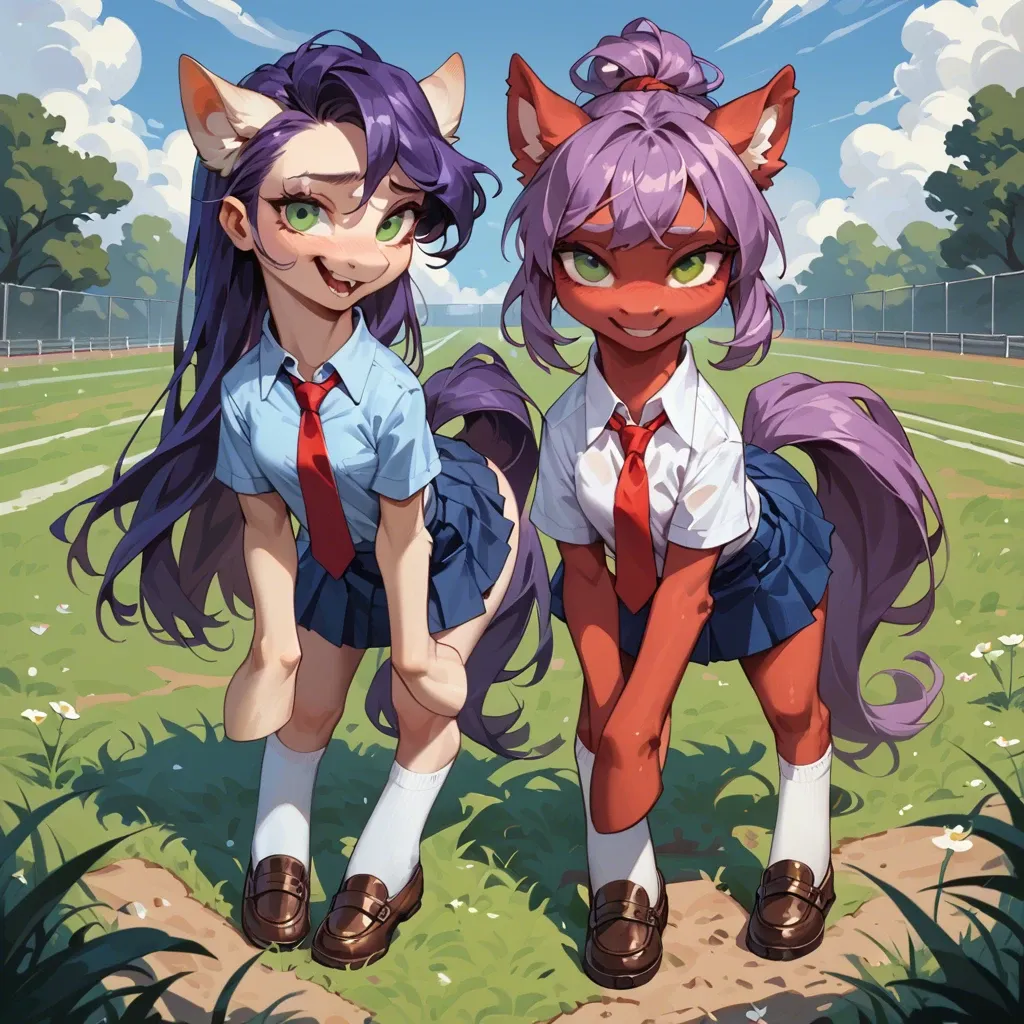 1 girl, 18 years, on field, brown shoes, White socks, blue school skirt, White shirt, purple hair, green eyes, standing, red  tie, 2 pony tails, smiling