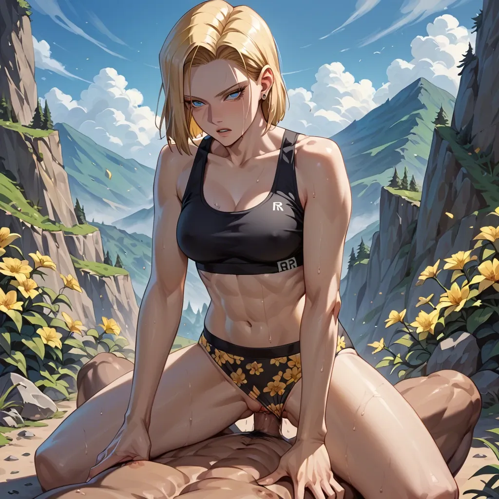 Android 18 sex with oldman at the mountains, sports bra yellow floral panties yellow floral