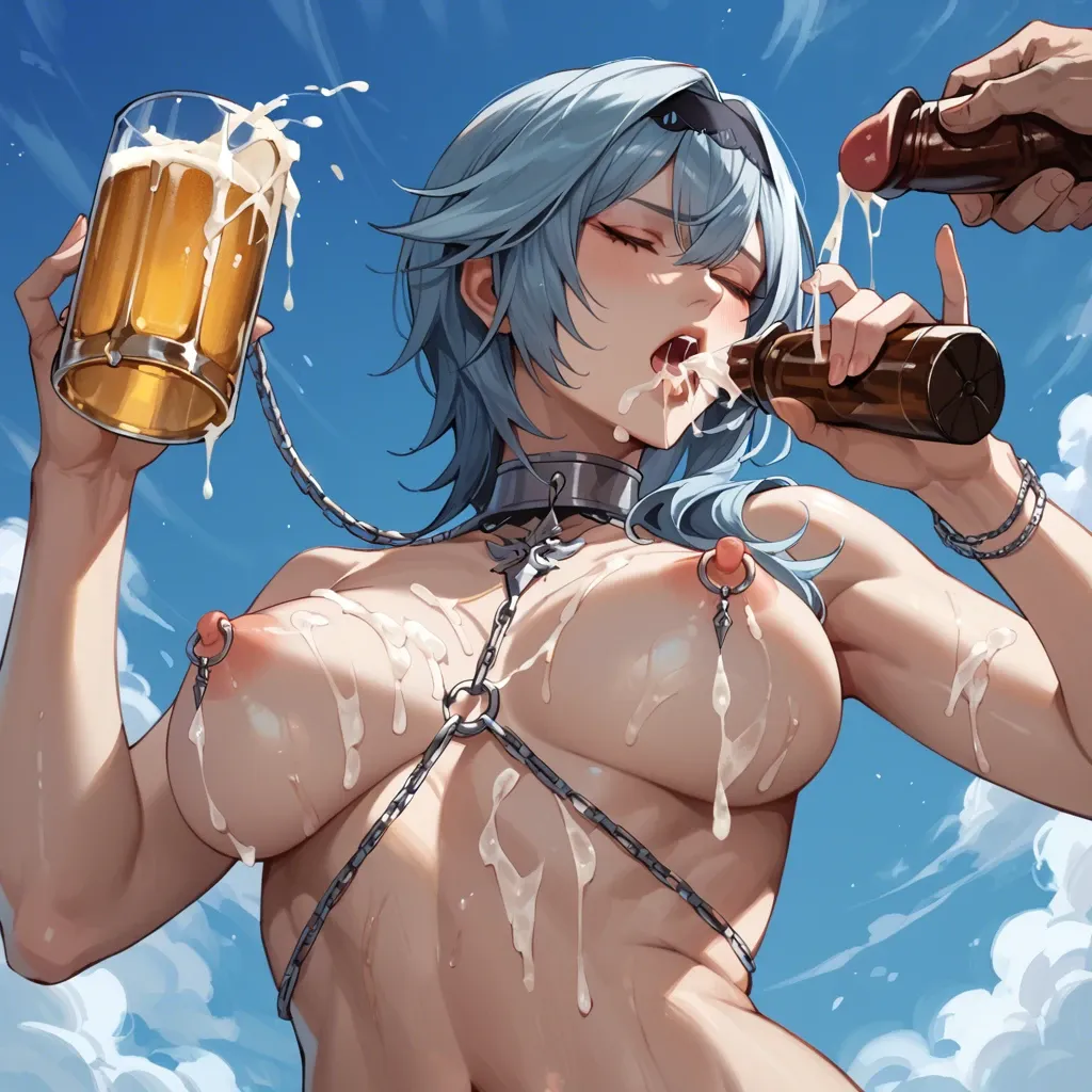 eula genshin impact completely nude,Holding a beer glass full of semen,closed eyes and frown,drinking ,silver collar,Nipple rings chains,Cum covered,below angle,breasts close up,open mouth wide,much cum in mouth