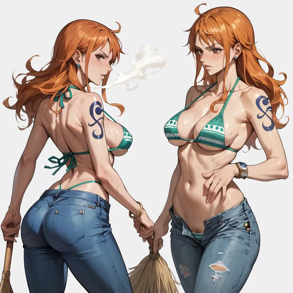 nami one piece, normal bikini, jeans pants, cleaning broom, standing