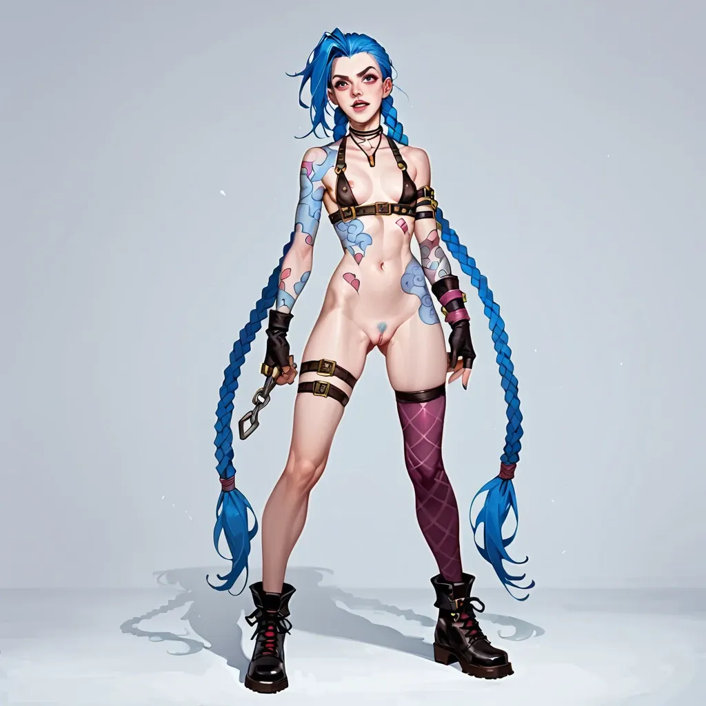 Jinx,league of legends,petite body,long blue hair,braids,outfit,full body,looking at viewer,standing