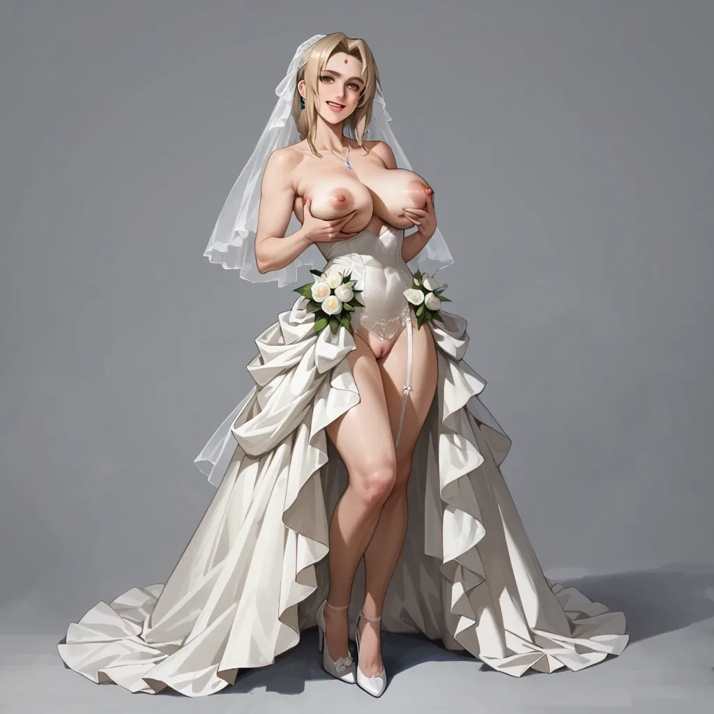 Tsunade, wedding dress, full body, wedding hall, smile, big breast, sexy body, big eyes, black negro husband grab breast, flashing tits