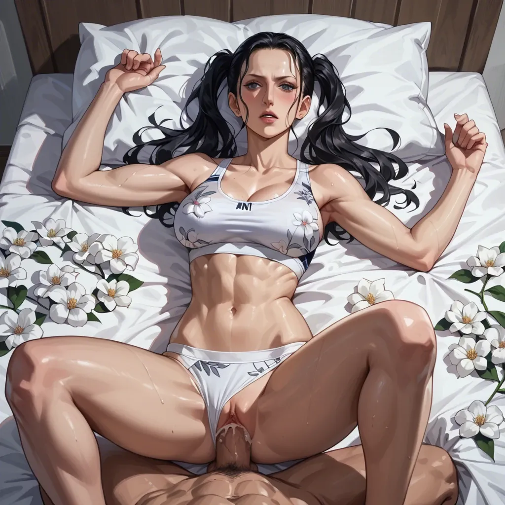 Nico Robin twintails , missionary on bed,sports bra white floral, panties white floral